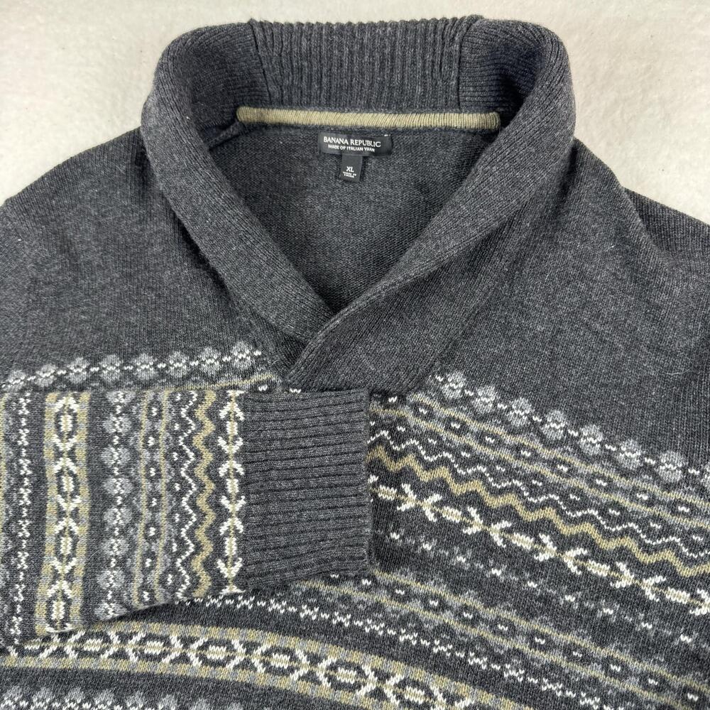Banana Republic Sweater Mens XL Gray Shawl Collar Fair Isle Wool Pullover
